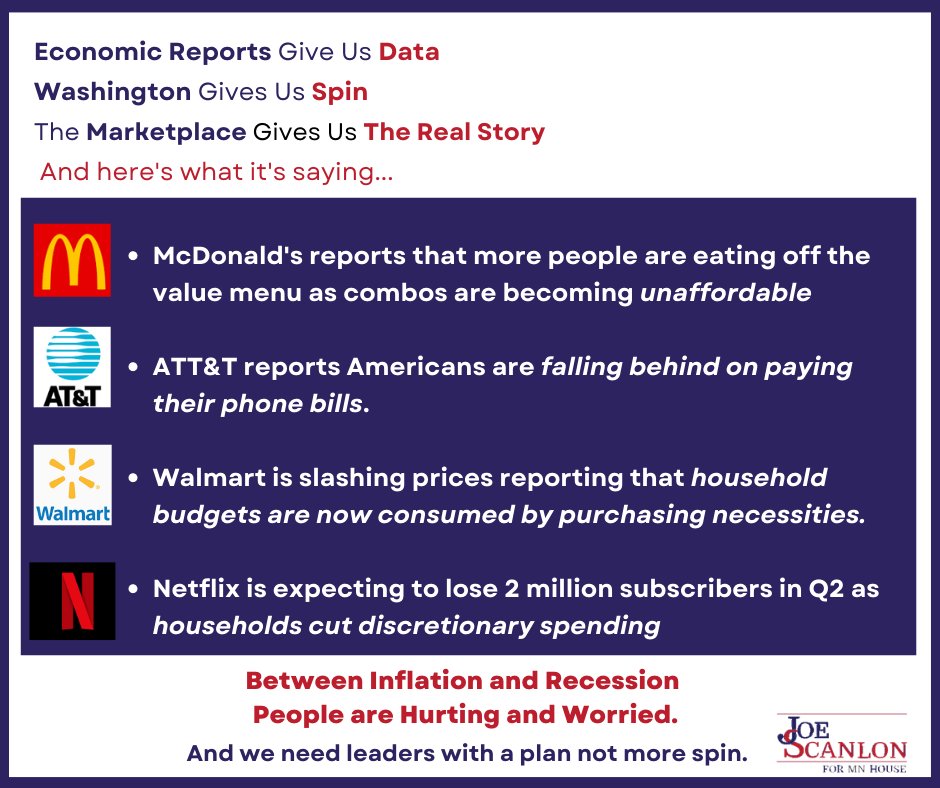ElectJoeScanlon's tweet photo. Why is our government spending time redefining whether we are in a recession when the marketplace is clearly telling us that people are struggling?  Where's the plan to help hard-working Americans? https://t.co/pR2hMfhkmX