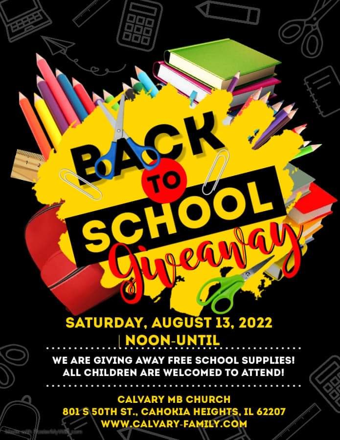 MAKE SURE YOUR CHILDREN ARE PREPARED FOR THE SCHOOL YEAR! 
Community Resource:
Calvary MB Church will be hosting a Back To School Giveaway on Saturday, August 13, 2022 from 12pm-until supplies run out. All children are welcomed to attend. 
#ESTL #youth #backtoschool #community