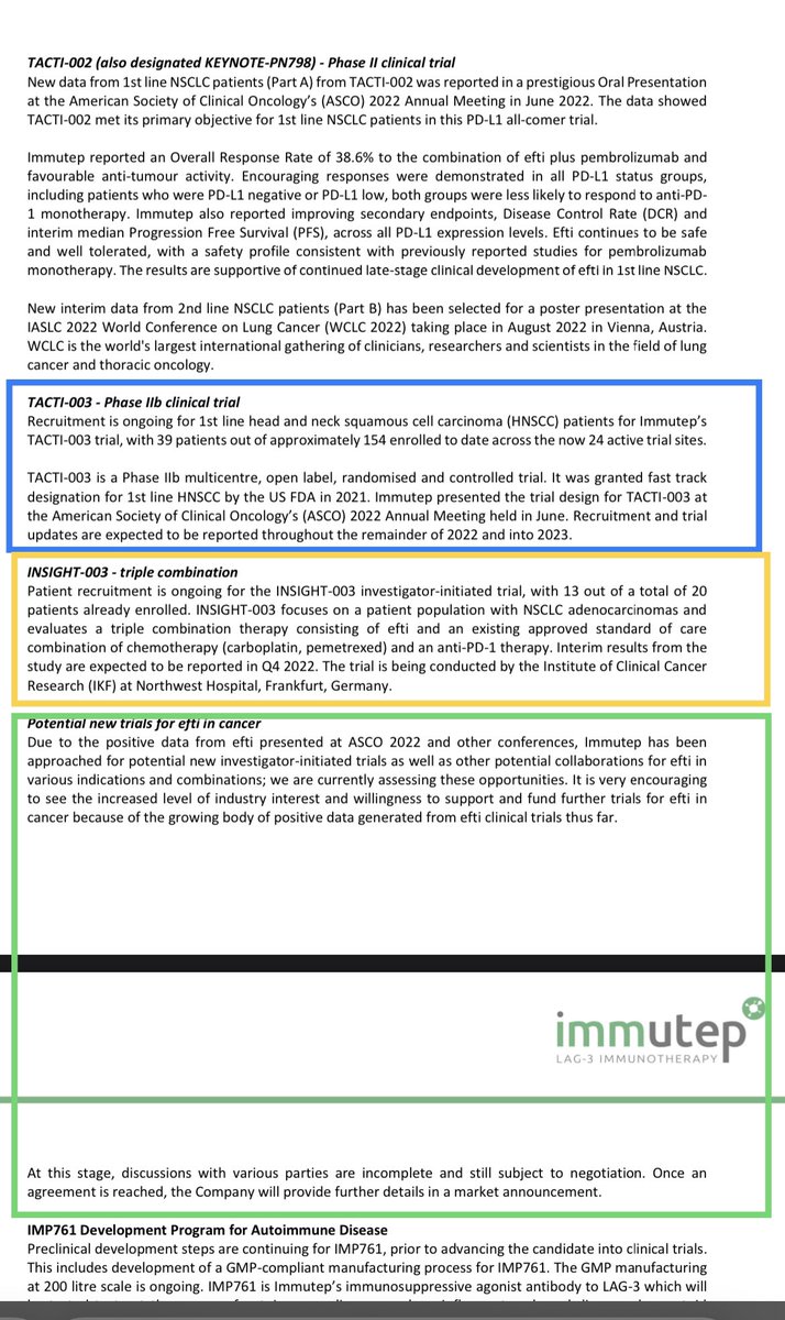 cab_971's tweet photo. $IMMP 2/ Key takeaways from update: 1) INSIGHT ~60% enrolled; 2) TACTI003 ~25% enrolled; 3) $IMMP “approached for pot’l new investigator-initiated trials as well as other pot’l collaborations for efti in various indications &amp; combos” &amp; “currently assessing these opportunities”. https://t.co/nQNKEpuJ9H