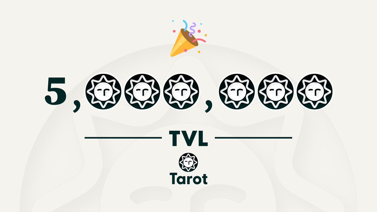 🎴 $5,000,000 TVL on Optimism

Less than 3 months after its optimistic debut, Tarot has achieved a major TVL milestone! 🥳

Thanks to @optimismFND, <a href="/VelodromeFi/">Velodrome</a>, and all those across the Optimism ecosystem for your support 🙏

$OP $TAROT