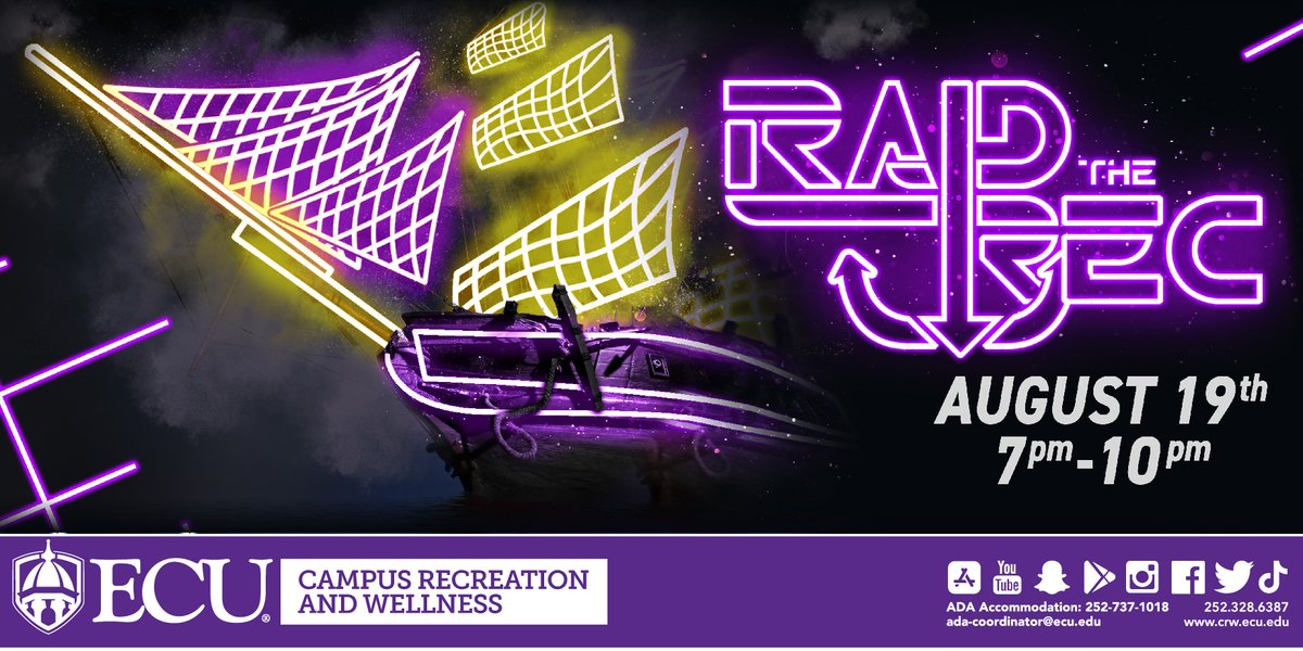 Kick off the semester with us at Raid the Rec August 19th from 7-10pm at the ESRC!🎉
Free food, t-shirts, inflatable games, rock climbing, a DJ and so much more!
Be sure to bring a friend or two and join the fun!🕺😄