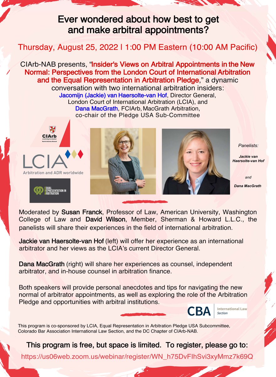 Thrilled to have this event with other @ArbitralWomen on #arbitration appointments, institutions (like @LCIAnews) and @ERApledge (and USA subcommittee). Thanks @CIArb @CIArbNAB for creating a space for the conversation. Looking forward to moderating an interactive conversation!