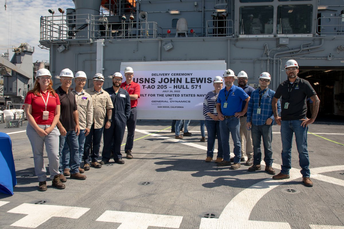 GDNASSCO's tweet photo. #ReadyForTheFleet
The USNS John Lewis (T-AO 205), the first ship for the U.S. Navyβs John Lewis-class fleet oiler program, was delivered to the U.S. Navy during a special signing ceremony at NASSCO-San Diego. #NASSCOBuilt https://t.co/epM6nOnaK1