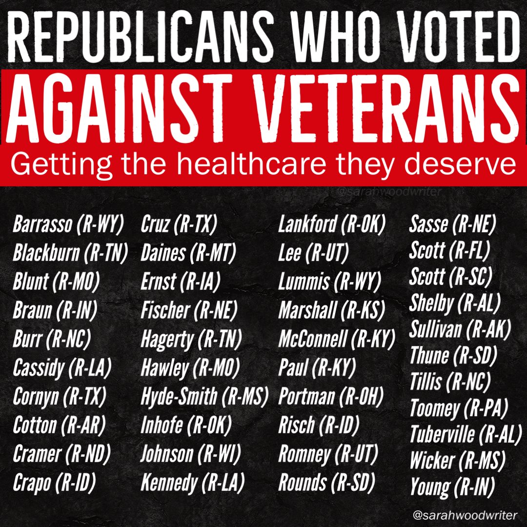 sarahwoodwriter's tweet photo. These are the Republican HYPOCRITES who voted AGAINST VETERANS getting the healthcare they’ve earned and deserve. Some are even vets themselves!! Vote them all out! #RepublicansHateVeterans @jonstewart https://t.co/CPENFB8mhy