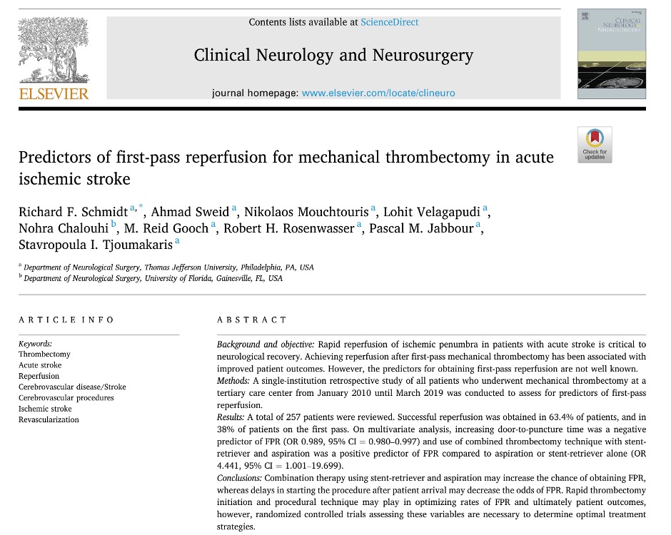 Another great article with my colleagues out of Jefferson Neurovascular!  We emphasize the importance of process design and equipment selection in optimizing first-pass reperfusion for mechanical thrombectomy - an independent predictor of good outcome!
sciencedirect.com/science/articl…