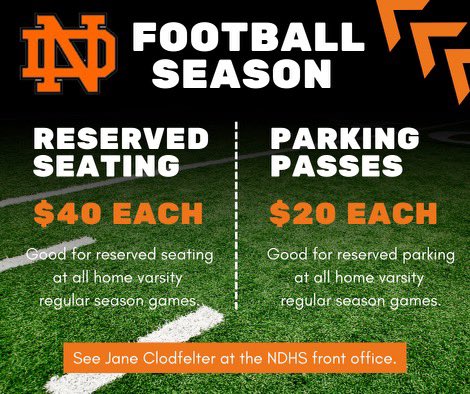 Join us Friday night 7/29 at 7:00 at Palmer Field for first look @ ND football and to reserve your seats and buy parking pass.