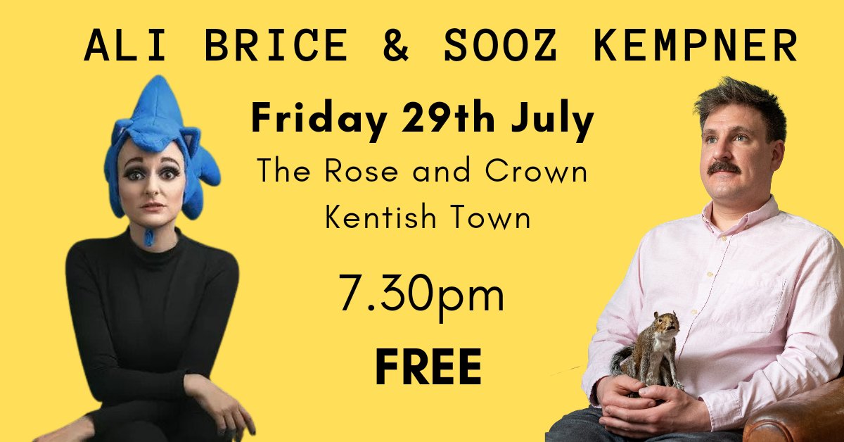 Tomorrow night.

Come on down to the Rose and Crown in Kentish Town at 7.30pm for a two #comedy shows for FREE

Ali Brice and Sooz Kempner.

One more preview before I hit <a href="/edfringe/">Edinburgh Festival Fringe</a>.

<a href="/SoozUK/">Sooz Kempner FOLLOW ME ON BLUESKY</a> <a href="/roseandcrownnw5/">roseandcrownnw5</a> #EdFringe2022 #standup #standupcomedy #freething #free