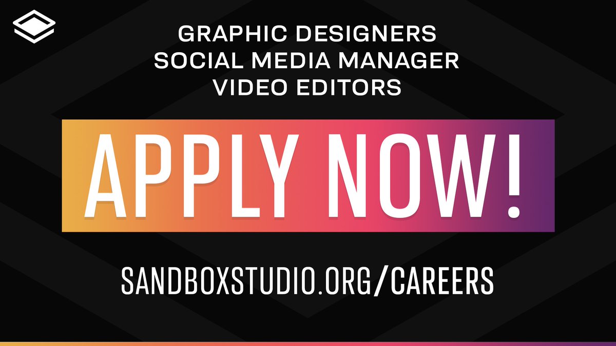 Sandbox Studio is looking for individuals to fulfil these roles 💼⤵️

▫️ Graphic Designer
▫️ Social Media Manager
▫️ Video Editor

Think you got what it takes? Apply now‼️
➡️sandboxstudio.org/CAREERS

To apply, join our official discord &amp; open a ticket 🎫
➡️discord.gg/sandboxstudio