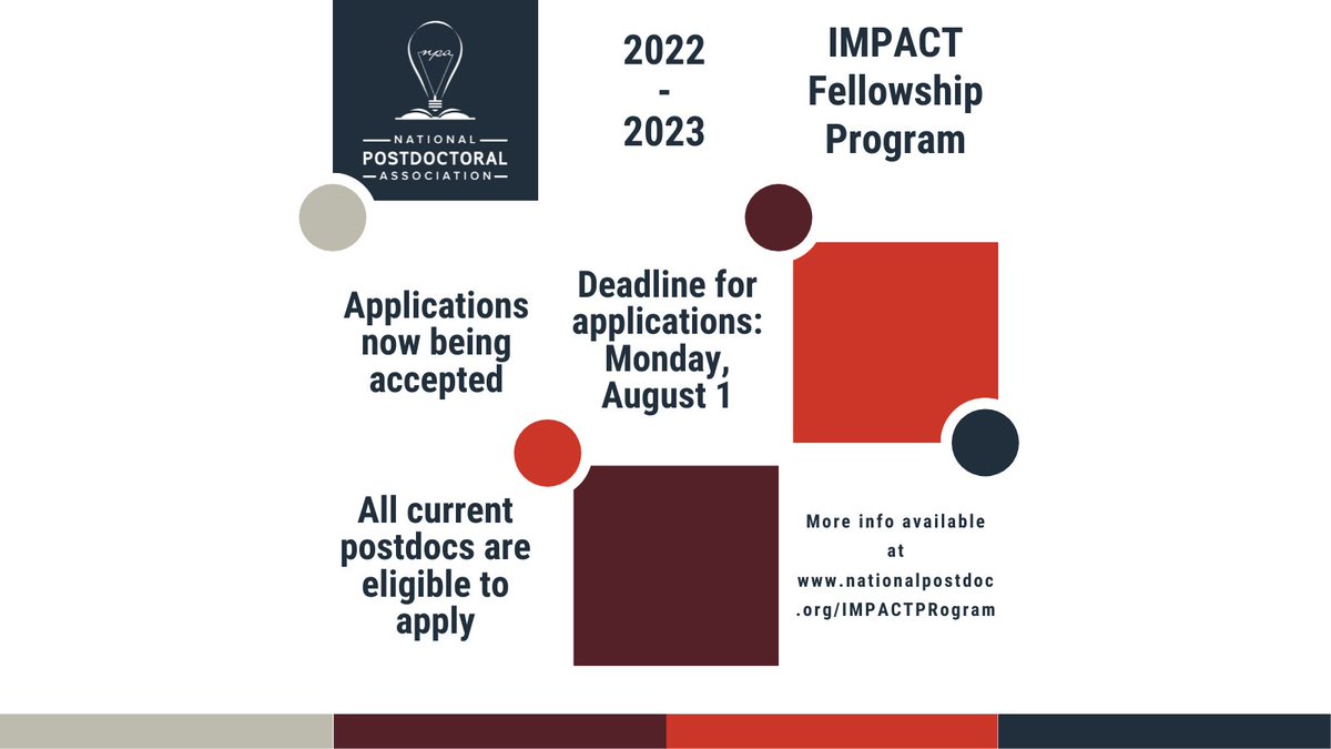Applications are now being accepted for the 2022-2023 IMPACT Fellowship Program. All current postdocs are eligible to apply to become an IMPACT Fellow ow.ly/Zfm150JUYhO #NPAIMPACT #IMPACT #postdocs #postdoctoralscholars #DEI #fellowship