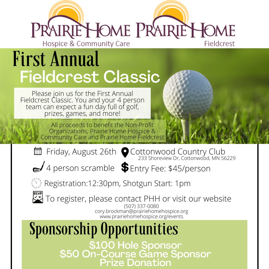 PrairieHomeHosp's tweet photo. Prairie Home Hospice &amp; Community Care is gearing up for another busy month ahead full of activities! 

⛳ Fieldcrest Classic: Friday, August 26th, Cottonwood Country Club.

🌺 Annual Celebration of Remembrance: Sunday, September 11th, First Lutheran Church in Marshall. https://t.co/D15EpxWeKn