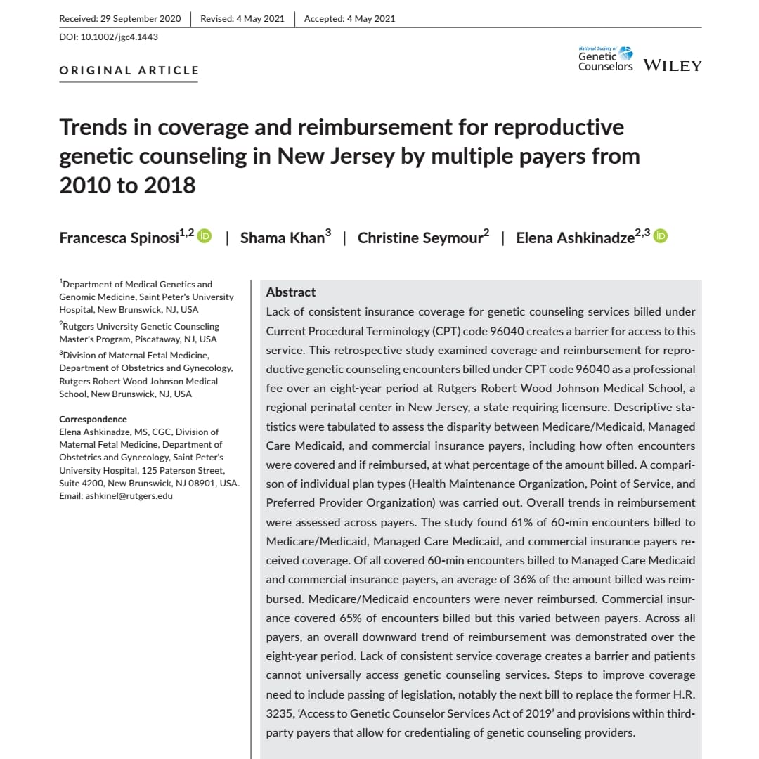 rugcmp's tweet photo. Congratulations to Franki Spinosi, Class of 2019, for winning the Journal of Genetic Counseling Best Trainee Paper Award! Each year, the Journal of Genetic Counseling presents four awards to current or former genetic counseling students across the country for the research https://t.co/CdqIL2cADq
