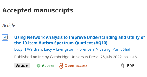 Using Network Analysis to Improve Understanding and Utility of the 10-item Autism-Spectrum Quotient (AQ10) @Lucy_Waldren, @Lucy_Livingston, @FYNLeung & Punit Shah → doi.org/10.1017/exp.20… #Autism #AutisticTraits #NetworkAnalysis #Neurodiversity #Psychometrics #AQ10 #ASD