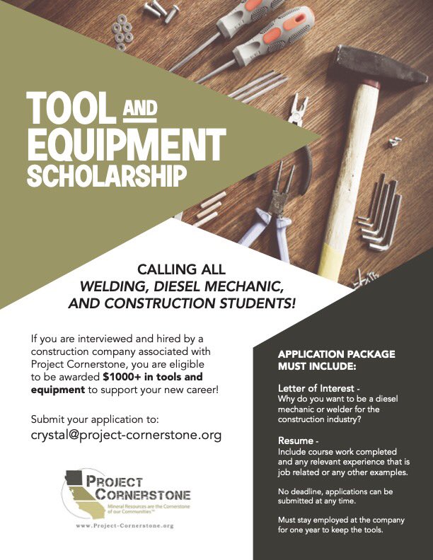 Project Cornerstone has a scholarship available for those interested in the welding, mechanic, and construction trades! Complete the Application Package and submit it to crystal@project-cornerstone.org to be considered. 
#education #adulted #adultedworks #adulteducation #erae2022