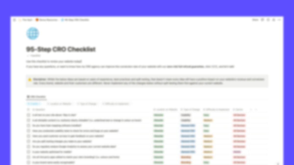 The #1 reason my ecom biz did $11,325,799.30 in sales was Conversion Rate Optimisation

Now I'm sharing my 95-step CRO checklist for FREE

RT, like + comment “CRO” and I'll send it over!

(Must be following so I can DM)