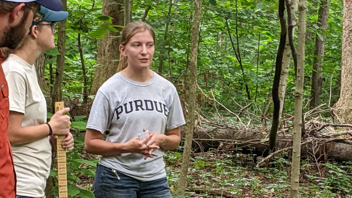 PurdueFNR's tweet photo. On #IndianaInternDay, we celebrate all of our FNR students interning locally and abroad. Yesterday four of them - Russell Duke, Lauren Laux, Summer Brown and Noah Ehmen - spoke at a Wednesdays in the Wild tour of Stephens Forest near Delphi. https://t.co/SbtitckxU5