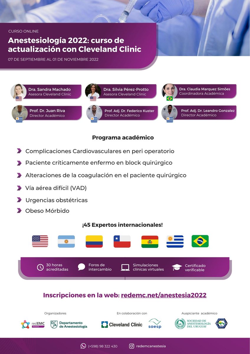 Actualización en Anestesiología con Cleveland Clinic 2022. Organizado en conjunto con <a href="/hcanestesia/">Unidad Académica de Anestesiología</a> en colaboración <a href="/ClevelandClinic/">Cleveland Clinic</a> y  <a href="/saesp/">SAESP</a> 

¡Inscripciones disponibles en la web!
👉 redemc.net/anestesia2022