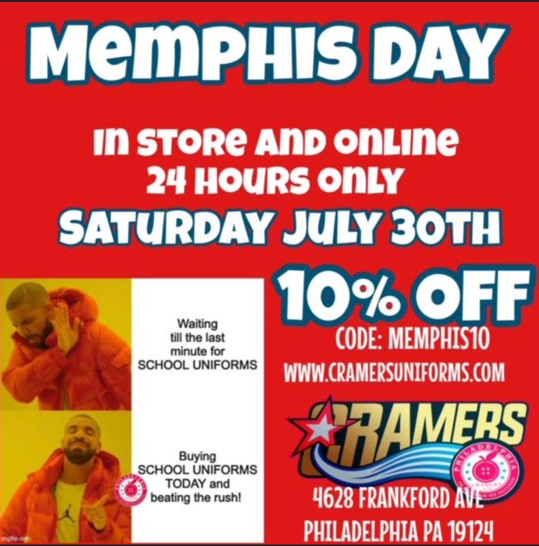 This Saturday is MEMPHIS DAY 🧡💙🧡💙 enjoy 10% at Cramers with code MEMPHIS10