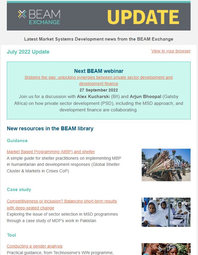 BEAM's July #marketsystemsdevelopment Update - just out -bit.ly/3vpgw2e - Sign up for our September webinar, browse our selection of #marketsystems resources, blogs, training and jobs