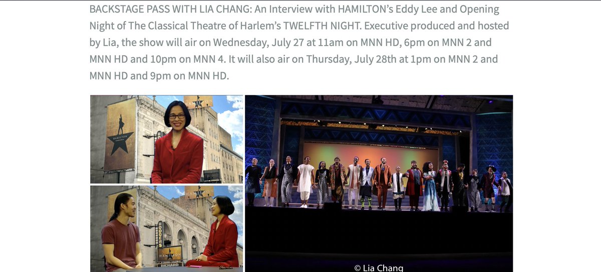 If you missed my interview w/ @Hamilton's @EddyTZenLee or my coverage of @classicalharlem's #twelfthnight yesterday, it airs at 1pm today on these two channels -mnn.org/watch/channels… mnn.org/watch/channels… and again at 9pm mnn.org/watch/channels… @MNN59