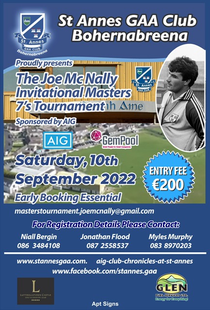 We are delighted to partner with <a href="/stannesgaa/">St Anne's GAA Club</a> for the Joe McNally invitational masters football 7’s. This will be a great tournament bringing together many great clubs and players from across Ireland.

To enter, please use the contact details below

<a href="/DubGAAOfficial/">Dublin GAA</a>

#EffortIsEqual