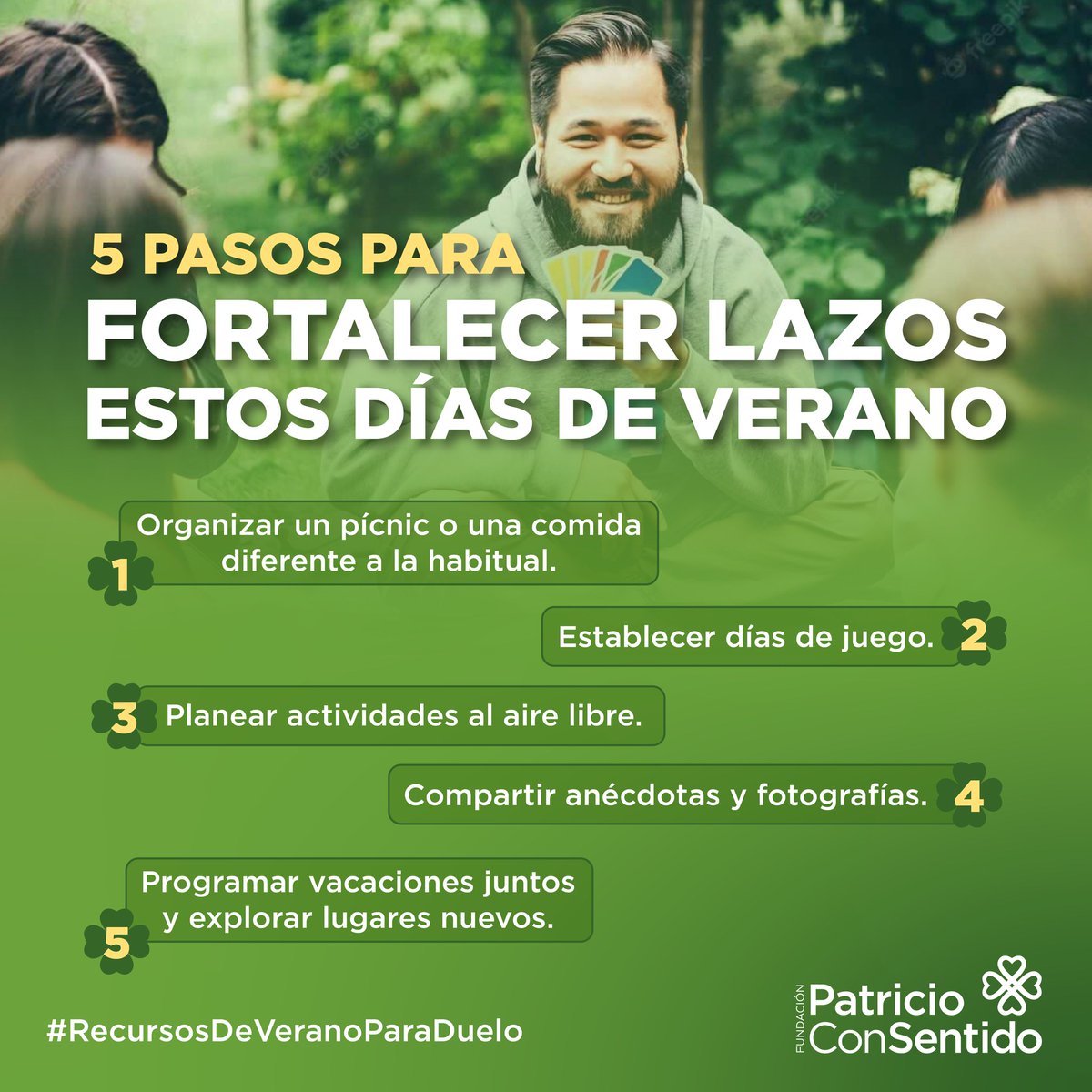 Durante tu tiempo libre, planea actividades fuera de la rutina habitual con tus seres queridos. Crea momentos inolvidables a su lado.🍃🤗

#RecursosDeVeranoParaDuelo #PatricioConSentido 🍀💚#ApoyoEmocional #ManejoDelDuelo #SaludYBienestar