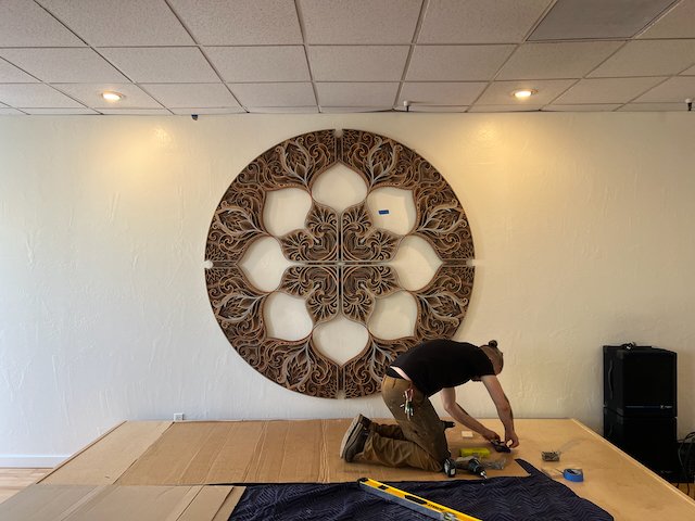 OortCloudAtlas's tweet photo. At @BerkeleyAlembic we just got gorgeous new artwork installed by @gabrielschama. Layers &amp; layers of laser-cut, super-intricate plywood. Delicious. IRL is even more beautiful. https://t.co/vxtYdtLNmk