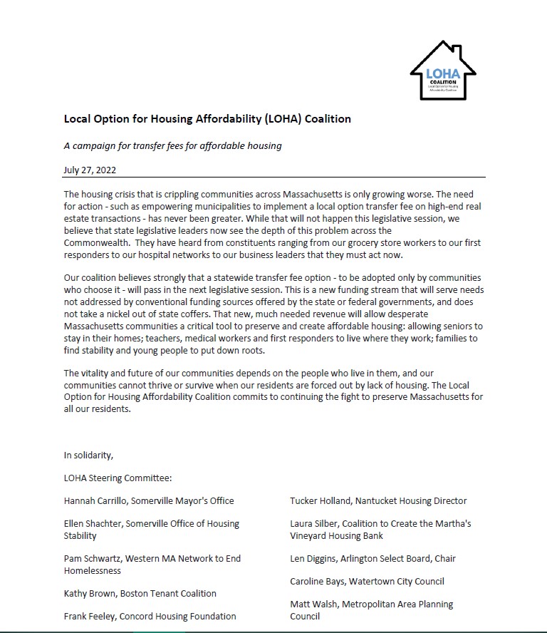 .<a href="/LOHACoalition/">Local Option for Housing Affordability Coalition</a>  is committed to continuing our fight for affordable housing. Thank you to our champions <a href="/Jo_Comerford/">Jo Comerford</a>  and <a href="/MikeConnollyMA/">Mike Connolly</a>, and to each and every member, org and elected who has supported this critical tool. Onward we go!