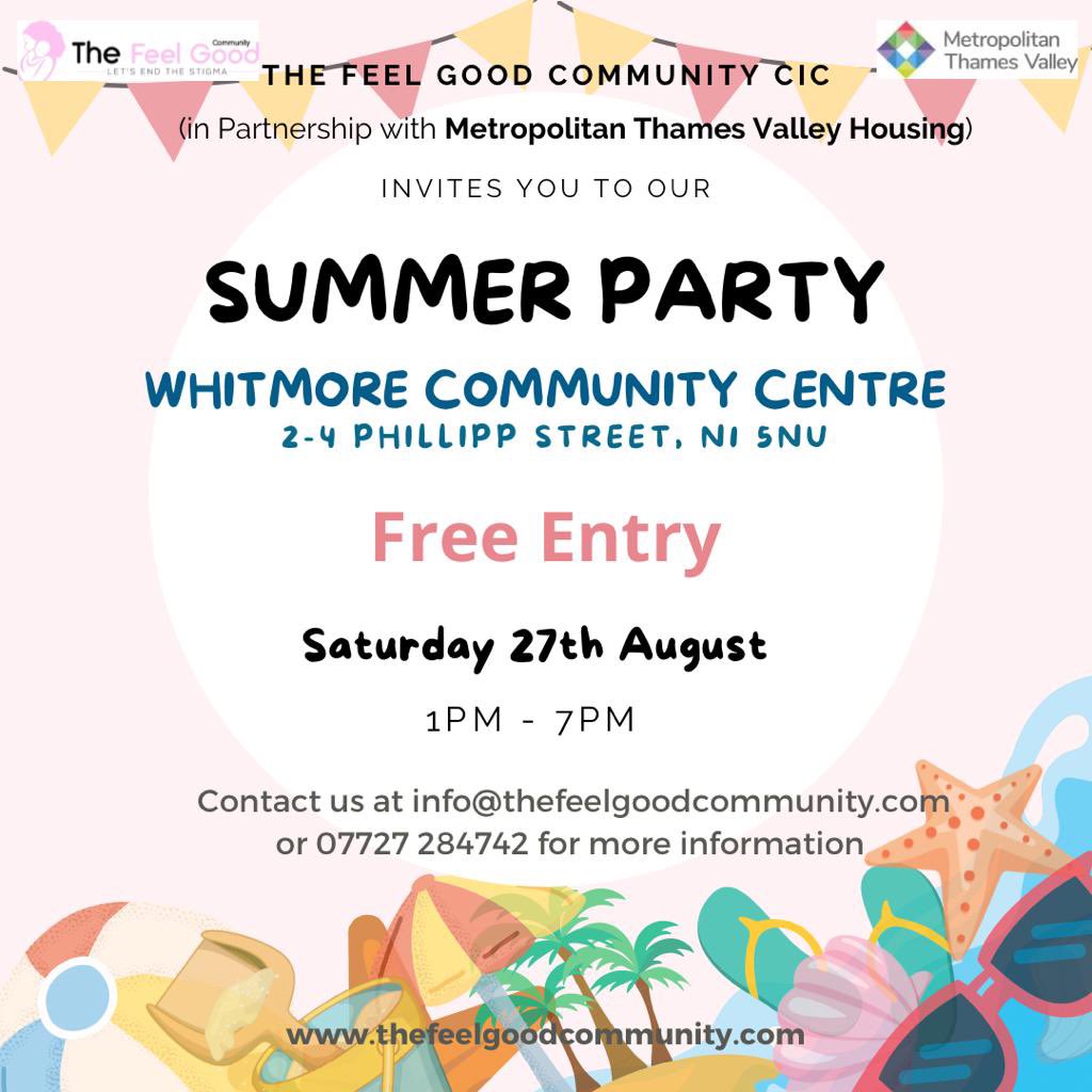 We have partnered with <a href="/mettvh/">MTVH</a> to host our community focused Summer Party on Saturday 27th August at the Whitmore Community Centre. Come out one and all and enjoy yourself.
#summerparty #community #hackney #hoxton #wellbeing #socialinclusion #family #fun