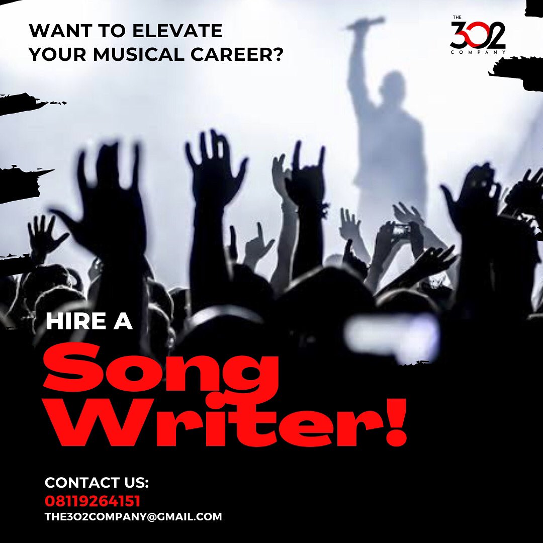 The3O2Company's tweet photo. Battling with coming up with the right song for your target audience? 

Contact us today for your professional songwriting service.

Phone: 08119264151
Email: The3O2Company@gmail.com 

#The3O2Company #Songwriter https://t.co/FtwTFq2pAq