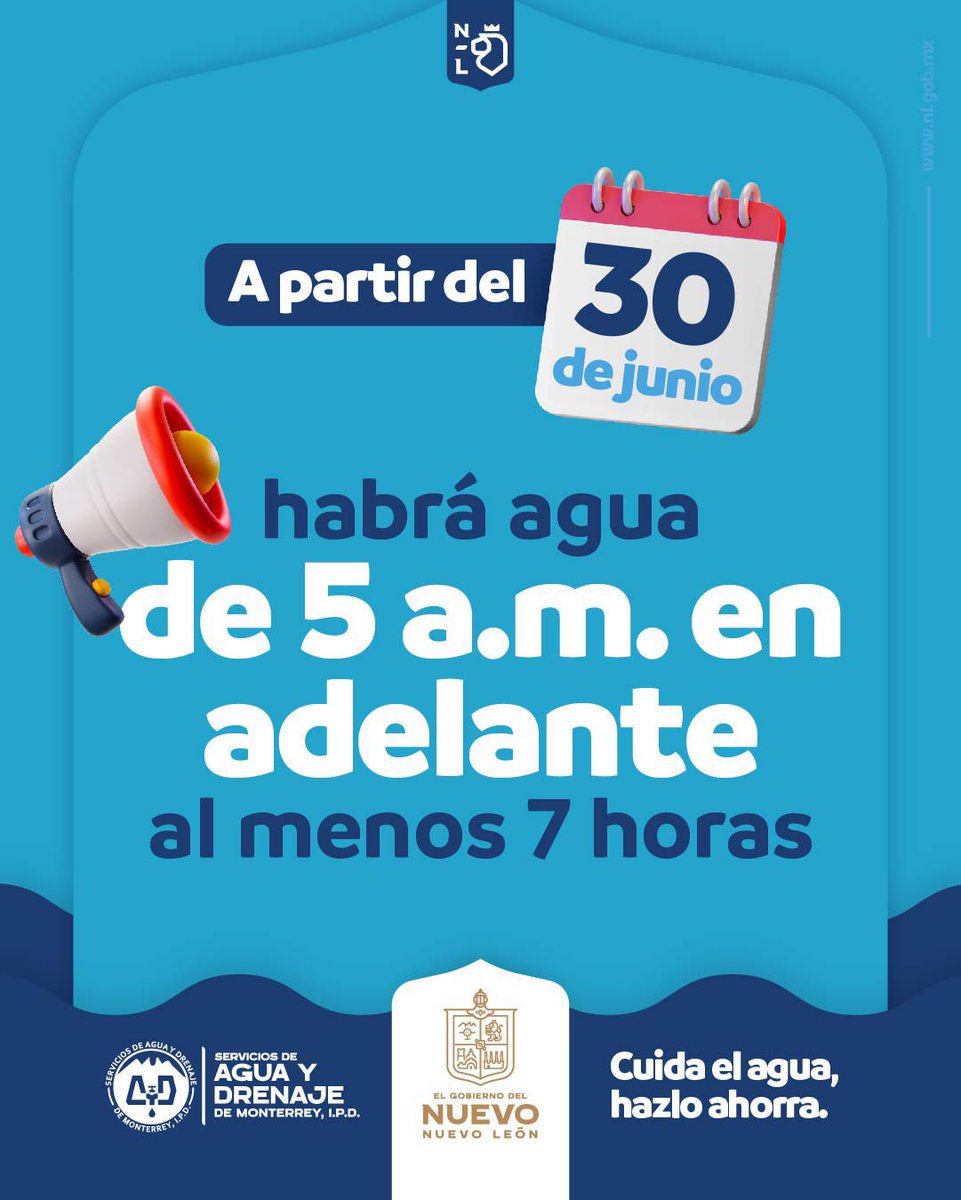 LoQuePasaEnNL's tweet photo. Anuncia @nuevoleon y @AyD_ParaTi  suministro de agua parejo a partir de las 5 am hasta el mediodía o sea 7 horas a partir del 30 de junio !!

¿ Lo creen ? https://t.co/jyu55o0uES