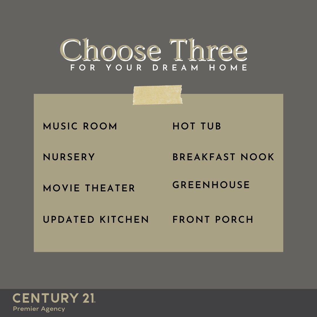 If you had to pick three features out of this list to build your home, what would you choose? Place your answers in the comments!

#dreamhome #chooseone #three  #chooseyourfave #homedesign #home #realtor #realestate #kierstenluisrealtor #kierstenluisteam #c21 #c21premieragency