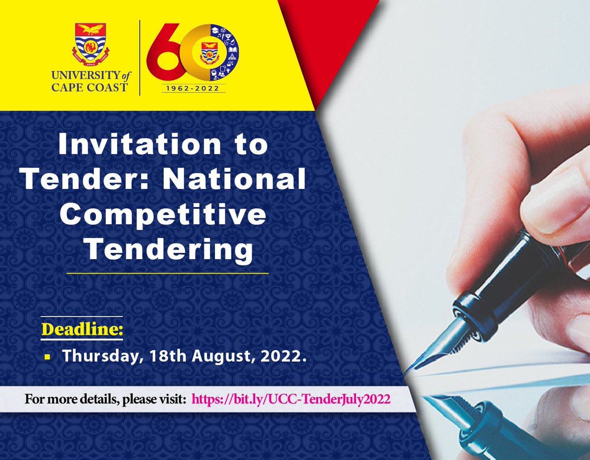 UCCGH_Official's tweet photo. INVITATION TO TENDER - NATIONAL COMPETITIVE TENDERING. #UCC #CapeVars #UniversityofCompetitiveChoice #uccat60 #tender
Read more at... https://t.co/R0SKlatXHD https://t.co/dyVHZmt1Yg