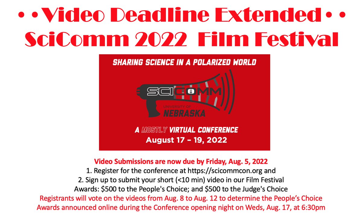 SciComm Video Submissions now due Fri, 5 Aug 2022
1. Register for the conference at scicommcon.org 
2. Sign up to submit your short (<10 min) video in our Film Festival
Awards: $500 People's Choice; $500 Judge's Choice
Awards announced on first night of Conf!