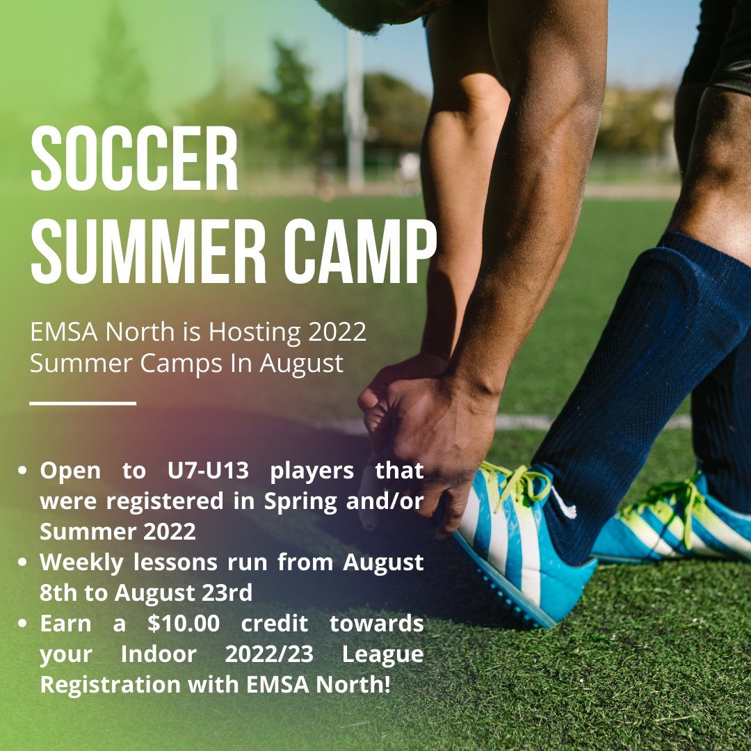 EMSA North is hosting Co-Ed summer camps this August for any players who are or were registered in the Spring and / or Summer Leagues 2022!

How To Register

Must register and pay online. Follow the link here to register: fs4.formsite.com/socceroffice/z…
