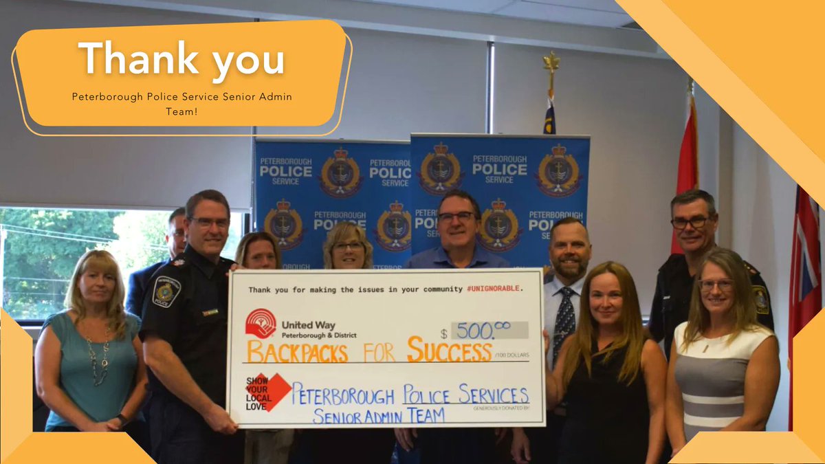 UnitedWayPtbo's tweet photo. Shoutout to the @PtboPolice Senior Admin Team who came together to support our Backpacks for Success program-in addition to all the work they do for their annual UWP campaign! TY for your commitment to building a secure community that allows people to feel safe & helped. https://t.co/dFIpuSnPjv