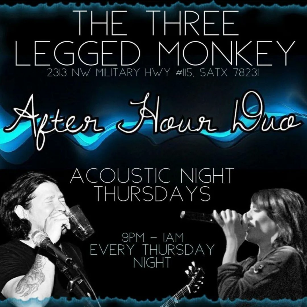 3LeggedMonkeySA's tweet photo. The After Hour from 9-11pm! Be sure to get here early for HAPPY HOUR with Erin! She is here to make sure your #ThirstyThursday is BEST in town! Charlie will be in to finish the night off right! We've got specials on Captain Morgan, Sailor Jerry and Drafts! #thethreeleggedmonkey https://t.co/gbUoJbbn26