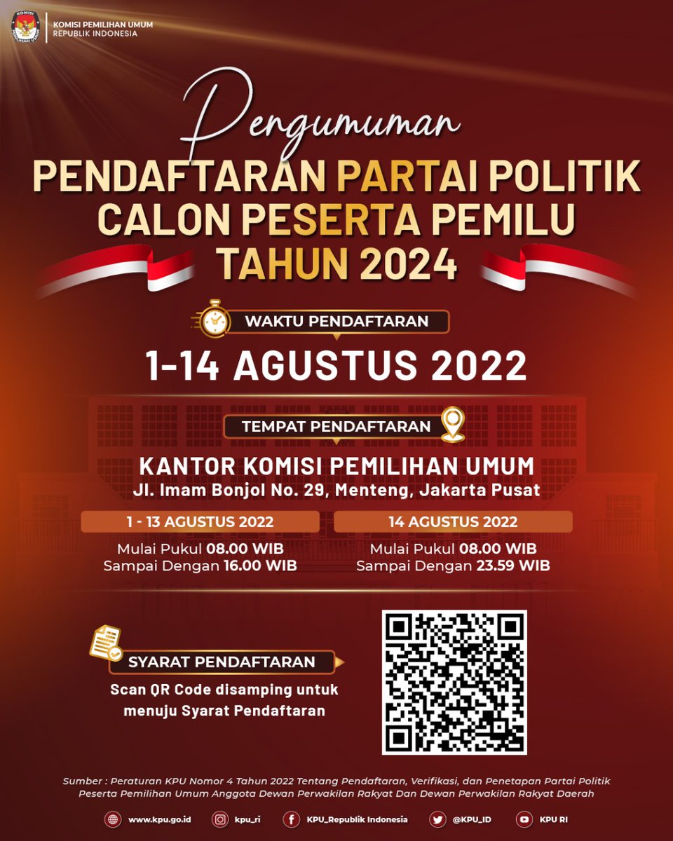 KPU_ID's tweet image. #TemanPemilih, Kamu harus tahu, tanggal 1 - 14 Agustus 2022 adalah masa pendaftaran partai politik calon peserta Pemilu Tahun 2024. Mau tahu apa saja persyaratannya?? scan barcodenya aja yaa...

#KPUMelayani
#PemiluSerentak2024