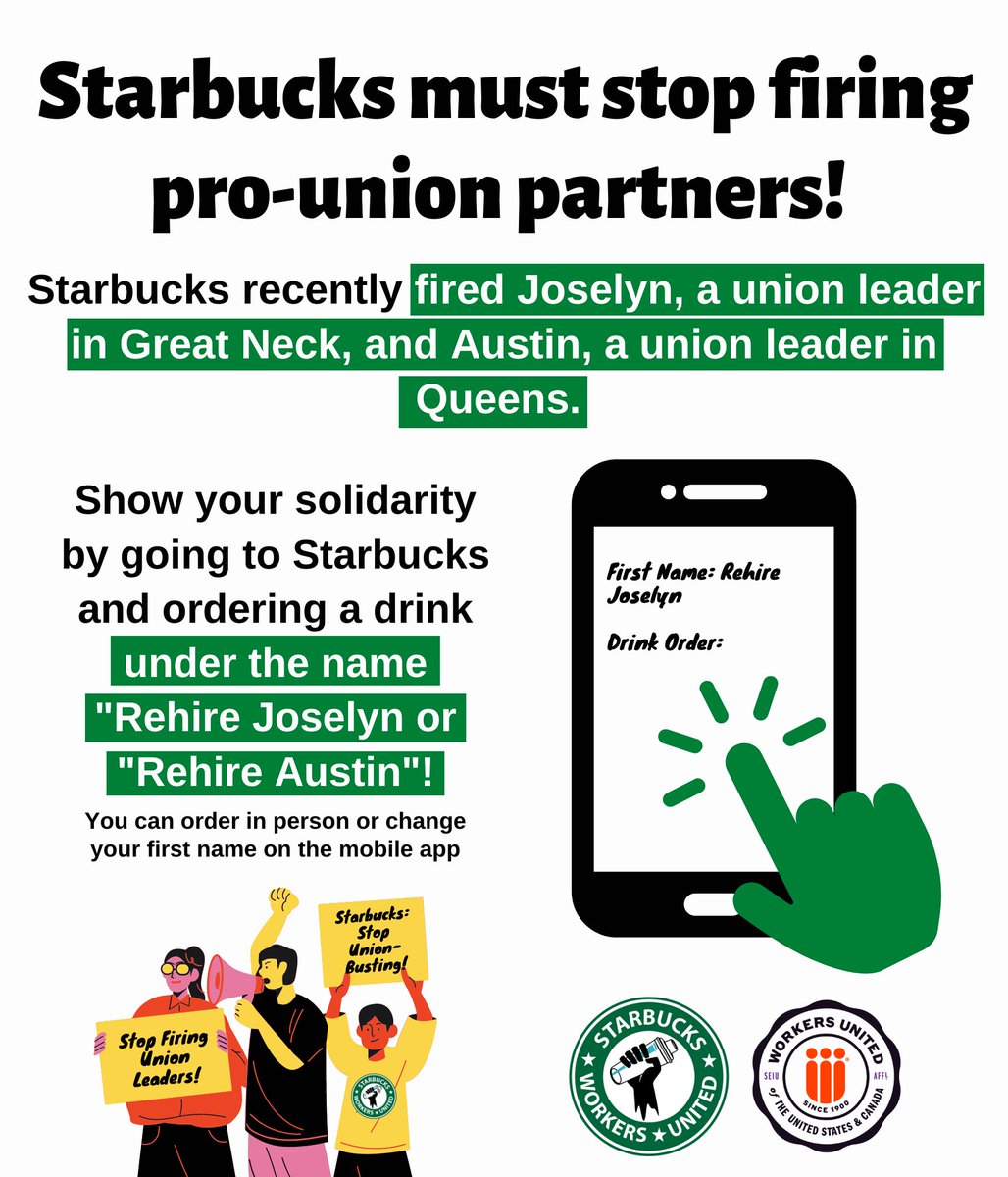 TAKE ACTION: Yesterday <a href="/Starbucks/">Starbucks</a> fired Joselyn, a 7-year partner in Great Neck and union leader.

This is the second firing of a union leader in downstate NY after Austin was fired earlier this month.

NEW YORK: We must show Starbucks that this is unacceptable! Take action 👇