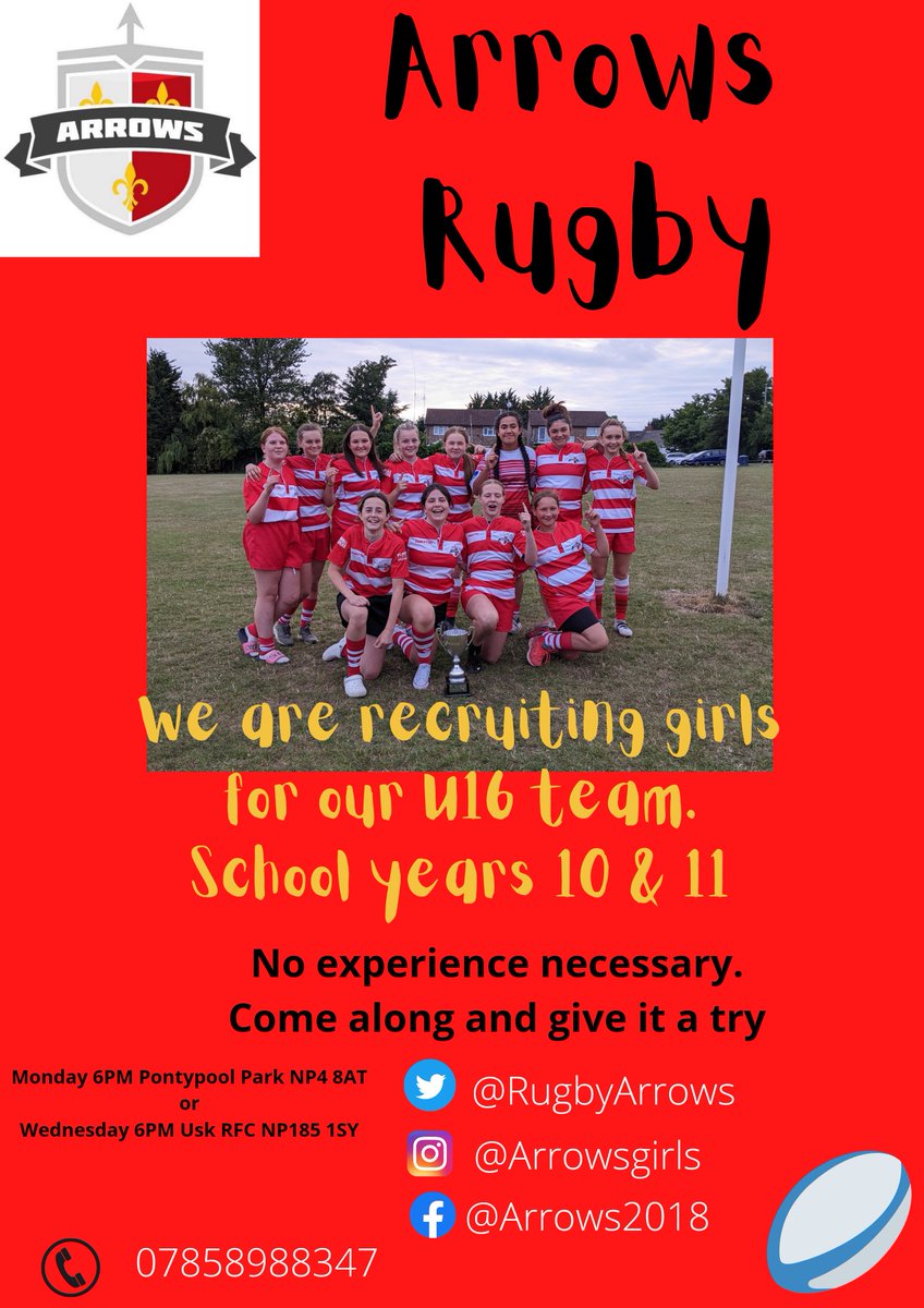 After the success of our U14s in the South Wales Summer Cup we are looking to grow our U16s team. No experience is necessary, just bring your enthusiasm! #arrowsarmy #freedomtoexpress #rugbygirls @Usk_Arrows @abergirlsrugby @YsgolGwynllyw @Croesype @WestMonPE @CwmbranHigh_PE
🏹🏉