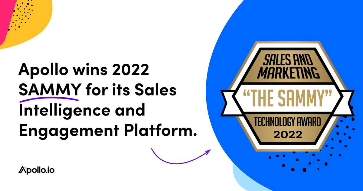 🎉 Time to celebrate! 🎉

 Apollo has been recognized as “Product of the Year” for its Sales Intelligence &amp; Engagement Platform in the 2022 Sales &amp; Marketing Technology Awards (The Sammys). Read the full announcement here: bit.ly/3PVVeAX

#salesintelligence