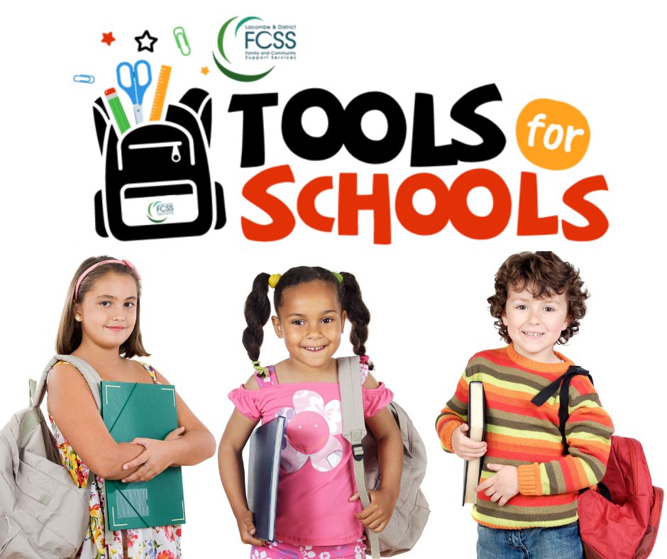 The Tools For School Program is now open!  Apply today on our website lacombefcss.net , in the office or at our partnering office | Clive FCSS | Alix &amp; Area Wellness Centre | Bentley Community Services   Call 403-782-6637 for more information.