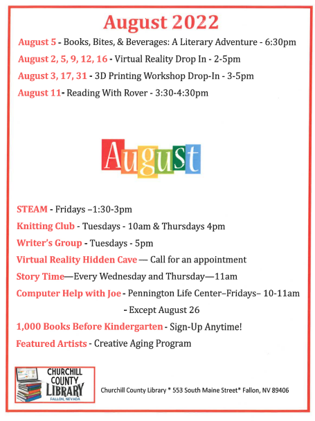 OasisAcademy's tweet photo. The Churchill County Library's August calendar of events is out! They have such a variety of opportunities coming up. #library #readingwithrover #churchillcounty https://t.co/ducmp0ozJp