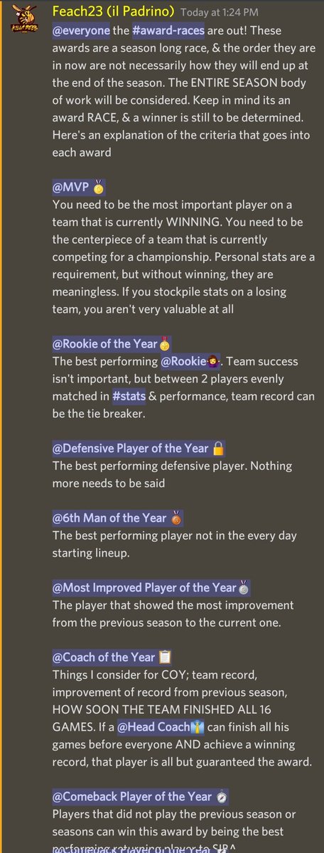 Season 14 award races are now live. The order it is in now may not be the way it end up. Awards will be given out at the end of the reg season. These are $ awards

<a href="/TheeJoeVegas/">Joe Vegas II 𝖎𝕭𝖆𝖑𝖑 Vegas</a> <a href="/CoachTerrell/">Jeff Terrell</a> <a href="/iNetworkSports/">iNetwork</a> @RiskTakers2k <a href="/2kDiscord/">SQUAD FINDER | NBA2K25 LEAGUES</a> @2KCrewFinder <a href="/EEL_Leagues/">Create your own eSports League</a> <a href="/iamKade01/">Sav Riley</a> @cascionj