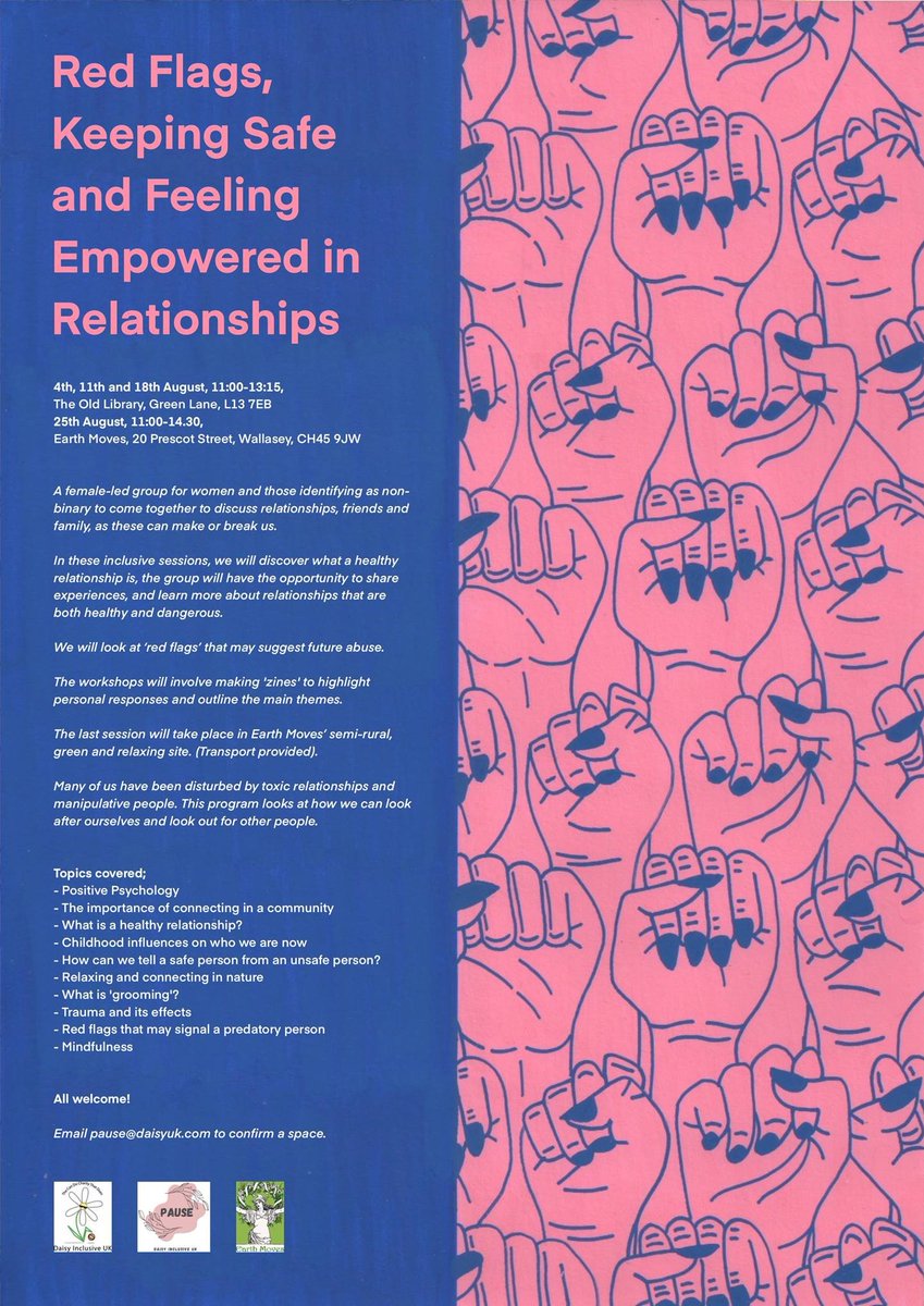 Want a #healthy  relationship? If you are looking at staying #safe and feeling empowered in #relationships , Join <a href="/DaisyInclusive/">Daisy Inclusive UK</a> on 4 weeks #Course  run at <a href="/ListerStepsTOL/">Lister Steps at The Old Library</a>, every Thursday in August.  All welcome! <a href="/earthmovescoop/">earthmoves</a> #abused #support #women