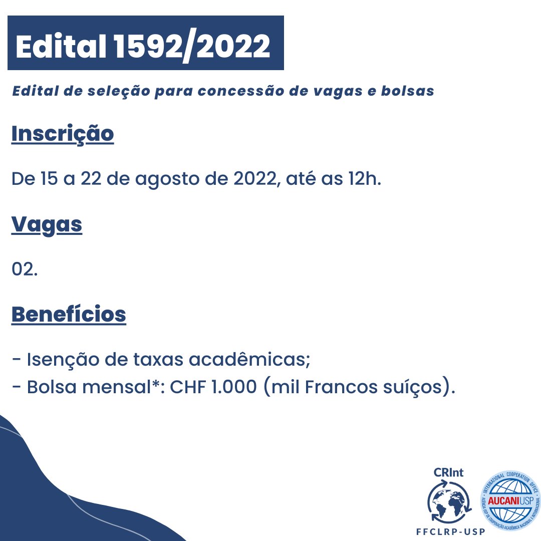 ffclrp's tweet photo. Entre 15 e 22 de agosto de 2022, inscrições ao Edital 1592 / 2022 – Mobilidade Internacional de Graduação – Université de Genève (Suíça), para concessão de vagas e bolsas para intercâmbio para os Alunos de Graduação USP.
#CRInt #CRItffclrp #internacionalizeffclrp #ffclrp https://t.co/1xxtP8I327
