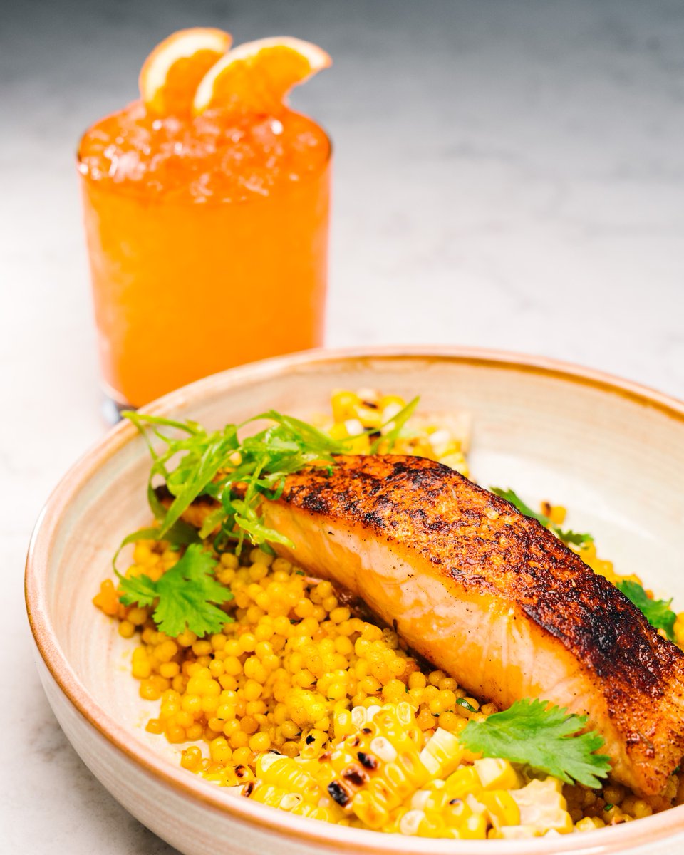 This blackened salmon is so fresh and full of flavour.  We serve it with curry spiced couscous, chilli oil, grilled corn, and cilantro.  Join us for dinner and drinks tonight!