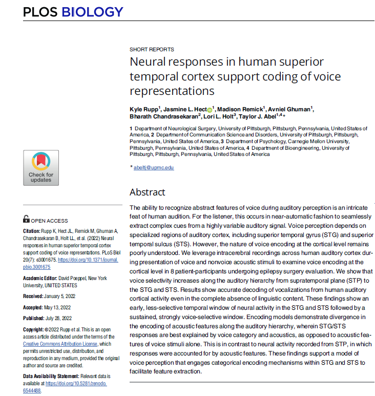 Out now in @PLOSBiology! Our results support a model of increasing voice selectivity along the auditory hierarchy using intracranial recordings from human auditory cortex. 🧵 1/6 bit.ly/3PZcTYy @kylemrupp @jasminehect @readymadeloaf @bchandra_pitt @TaylorAbelMD