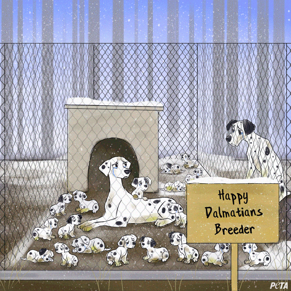 peta's tweet photo. Have you ever seen @Disney dogs look like this? 💔

Our Senior Social Artist, Tiani Hernandez, reimagined these iconic canine characters to raise awareness about dog breeders &amp; “backyard dogs” who spend their lives trapped in pens or stuck at the end of chains. https://t.co/9Go8lfTEIC
