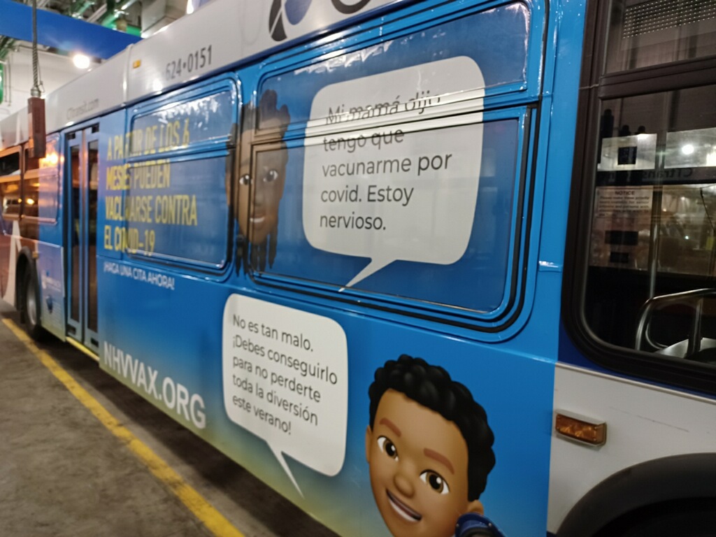 NHVPublicHealth's tweet photo. Check it out! #NHVHealth has wrapped @CTTRANSIT buses to make sure everybody knows about the new age eligibility for #covidvaccinations (ages 6 months and up). Keep an eye out! https://t.co/cCO9Vhro63 #MakeSummerSafe https://t.co/f6ybSU55fO