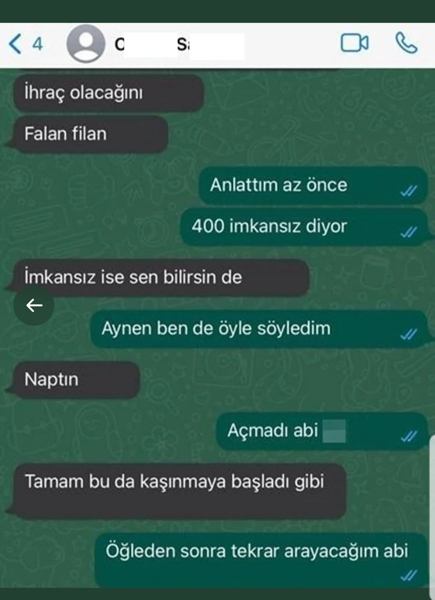 ABV. Amin.

Baron savcı Osman Yarbaş'ın Fetöborsası WhatsApp yazışmaları ortaya çıktı!

Aracı: Anlattım. 400 imkânsız diyor.

Savcı: Bu kaşınmaya başladı gibi. Para lazım ya 100 bini alsak mı?

Aracı: Konuştum abi param yok açılsın dava dedi.
Savcı: Açarız biz de.
#TarifeliAdalet